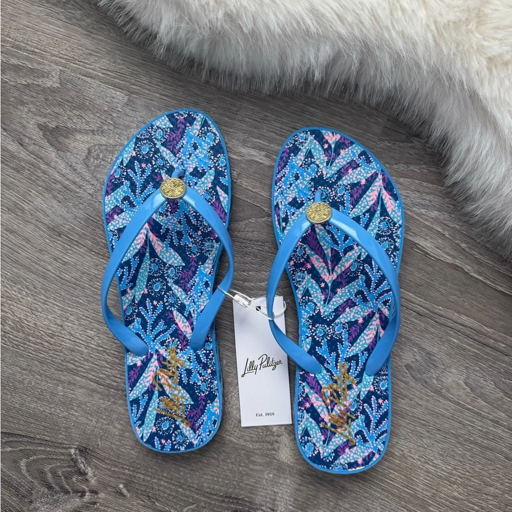 ⛱️LILLY PULITZER Pool Flip Flops Barton Blue Star Gazing Shoe Size 7/8 - Picture 6 of 6